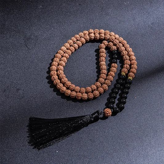 "Mala de la Protection" 108 perles en Onyx Noir et Rudraksha