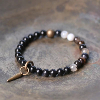 Bracelet Agate et Obsidienne Noire avec Vajra en Cuivre – 4 Pierres au Choix