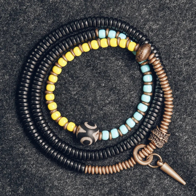 Bracelet Chakras Ébène et Verre Coloré – Vajra en Cuivre Martelé, Style Bohème