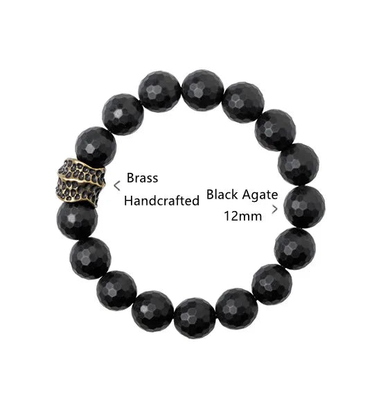 Bracelet Homme Agate Noire Mate 12 mm à Facettes et Laiton Vieilli – Grosses Perles