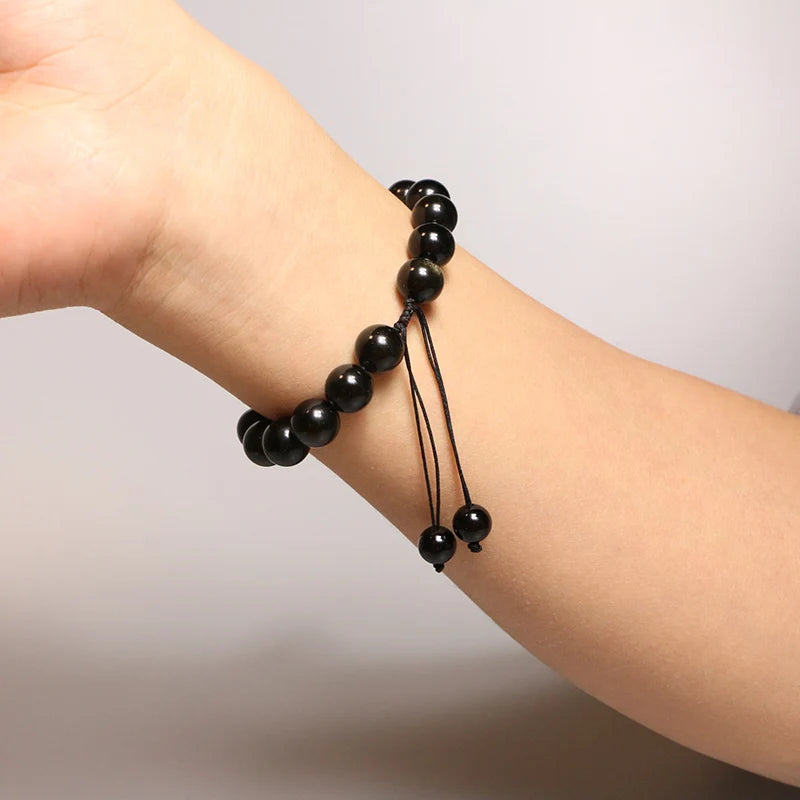 Bracelet Obsidienne Dorée et Breloque Tibétaine OM – Ajustable, pour Homme