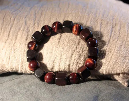 Bracelet Rétro Oeil de Tigre 10 mm et Perles d'Ébène – Doré ou Rouge, Homme et Femme