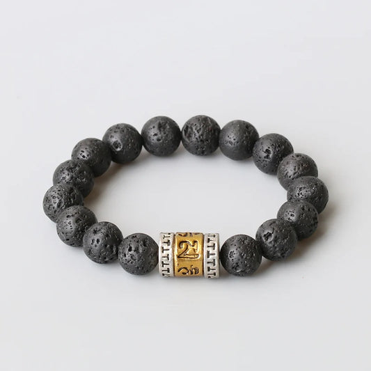 Bracelet Pierre de Lave 10 mm et Breloque Mantra Om Mani Padme Hum – Pour Homme