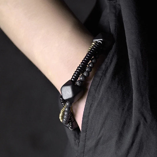 Bracelet Homme Double Rang Ébène et Pierre de Lave – Laiton Vintage Style Rock