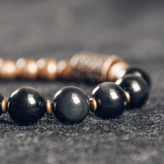 Bracelet Obsidienne Oeil Céleste et Laiton Martelé – Bicolore, Homme et Femme