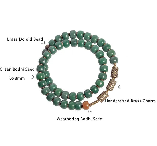Bracelet Graines de Bodhi Vertes et Breloque en Laiton – Bijou de Méditation pour Femme