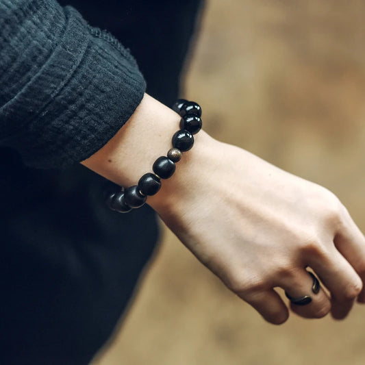 Bracelet Oeil de Tigre Doré ou Obsidienne Arc-en-Ciel – Perles de Bois et Métal Martelé