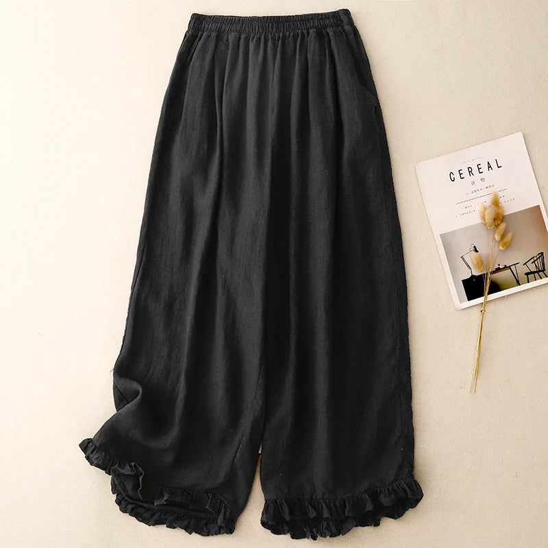 "Midori" Pantalon femme en coton et lin | Taille haute large, ourlet volant chic et léger