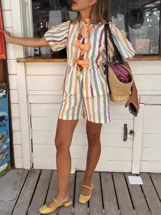 Ensemble Gelato Riviera – Chemisette nœuds & Short rayé pastel