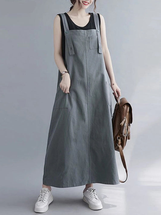 Robe Maxi Femme Sans Manches avec Poches et Bretelles Ajustables