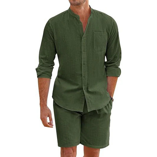 Ensemble Chemise Col Montant Boutonnée et Short en Coton et Lin
