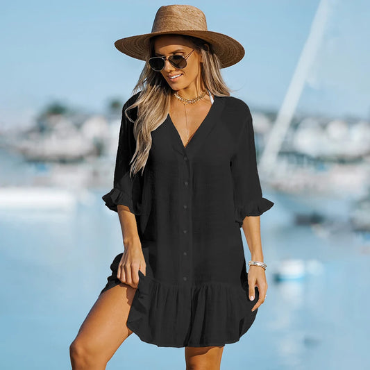 Robe de Plage Femme à Manches Longues - Tunique d'Été Mini Robe de Plage