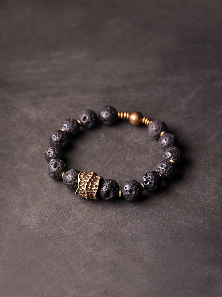 Bracelet Homme Pierre de Lave Volcanique et Laiton Vintage – Diffuseur d'Huiles, Jusqu'au 22 cm