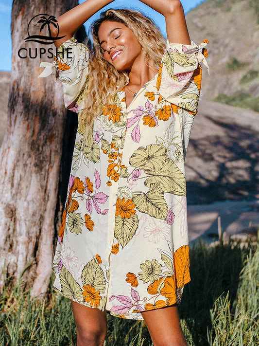 Robe de Plage Femme : Tunique de Plage Boutonnée Florale en Chiffon pour l'Été
