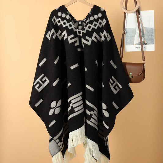 Poncho Ethnique à Franges - Style Bohème & Jacquard