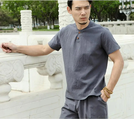 T-shirt en Lin Naturel – Boutonnière Épurée