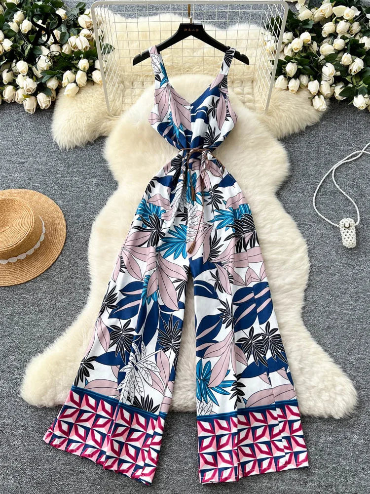 "Sakura Éclat" Combinaison Longue Vintage Femme Été dos Nu