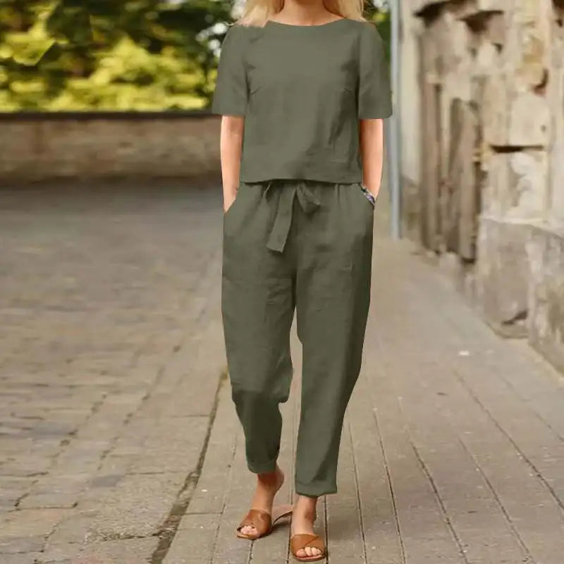 "Satori" Ensemble femme en coton et lin | Tenue deux pièces, haut manches courtes et pantalon taille haute