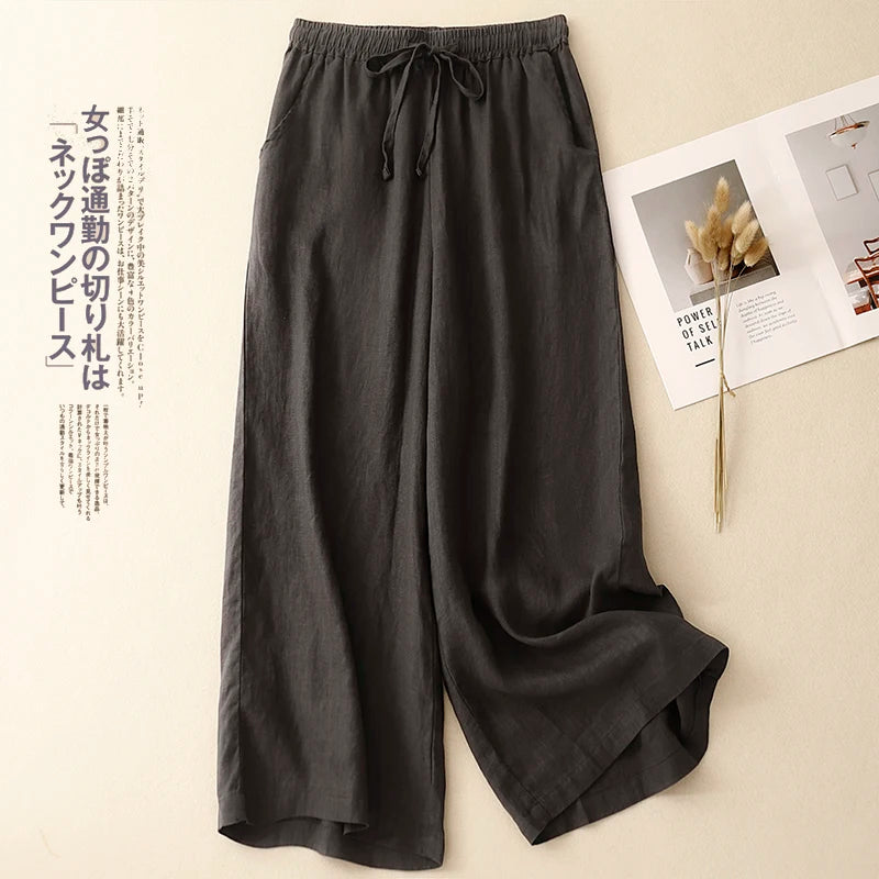 "Hikari" Pantalon large femme en coton et lin | Taille haute fluide, simple et élégant