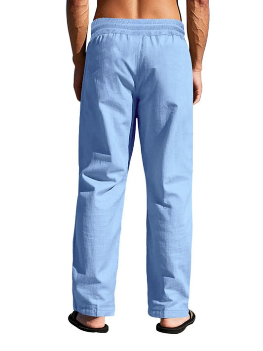 Vue arrière du pantalon léger bleu ciel, coupe droite décontractée et taille élastique confortable.
