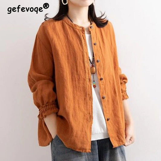 Chemise femme en coton et lin à manches longues - Col rond et boutons.