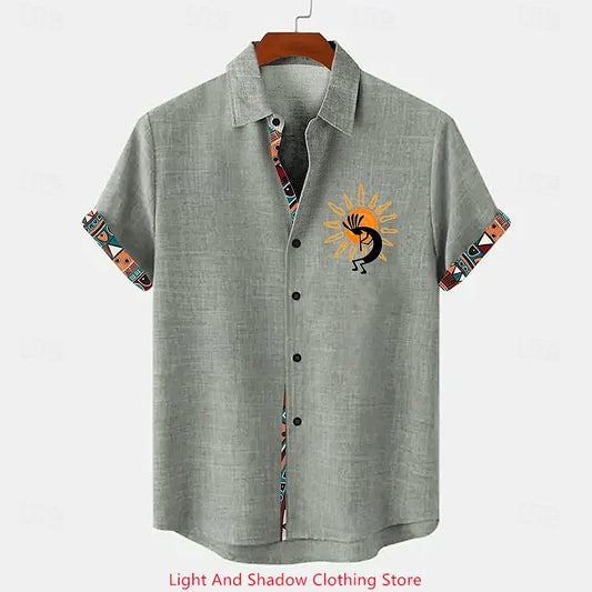 Chemise Lin Homme Beige Ethnique – Manches Courtes Été