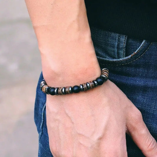 Bracelet Homme en Pierre d'Hématite, Onyx Noire et Œil de Tigre sur Bois Naturel