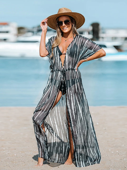 Kimono Robe de Plage Femme Léopard à Lacets - Robe Longue de Plage