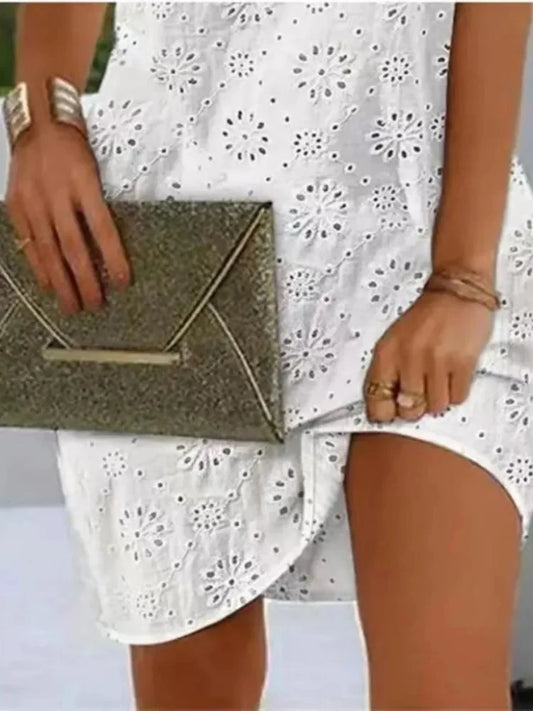 Robe Mini Droite Sans Manches en Broderie