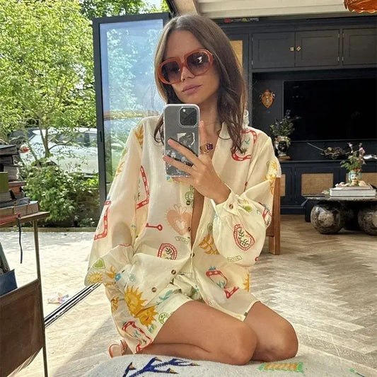 Ensemble Soleil Porte-Bonheur – Chemise oversize & Short imprimé Femme