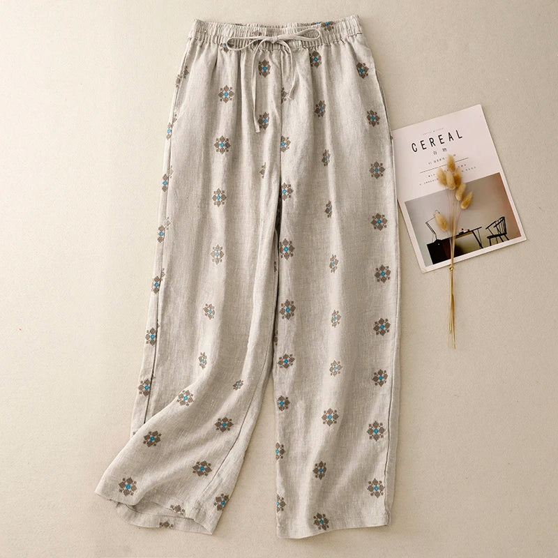 "Hanami" Pantalon femme en coton et lin imprimé | Taille haute, cordon ajustable, style décontracté été