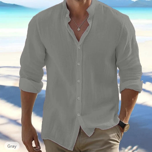 Chemise Homme Manches Longues Lin Coton Solide Col Montant Été Plage Taille Plus