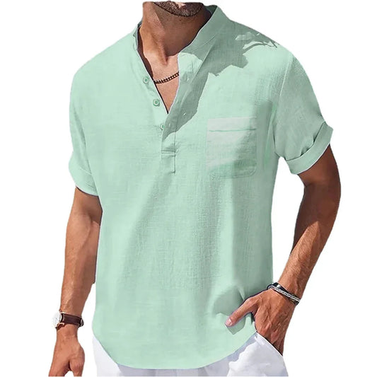 Chemise Homme en Coton et Lin à Col Henry - Manches Courtes
