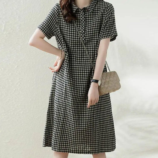 Robe Chemise à Carreaux Manches Courtes