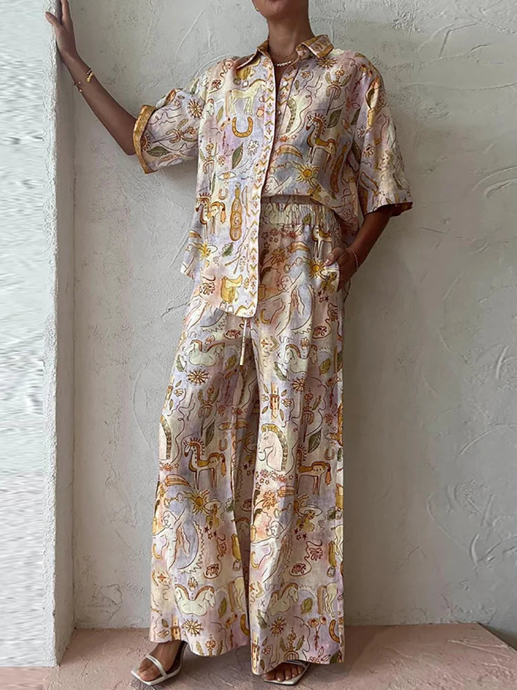 "Éclat Cosmique" Ensemble Estival Élégant – Chemise à Manches Courtes et Pantalon Large
