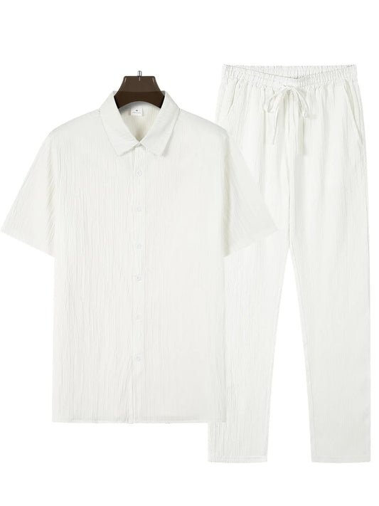 Ensemble Lin Décontracté Homme – Chemise Boutonnée et Pantalon Droit