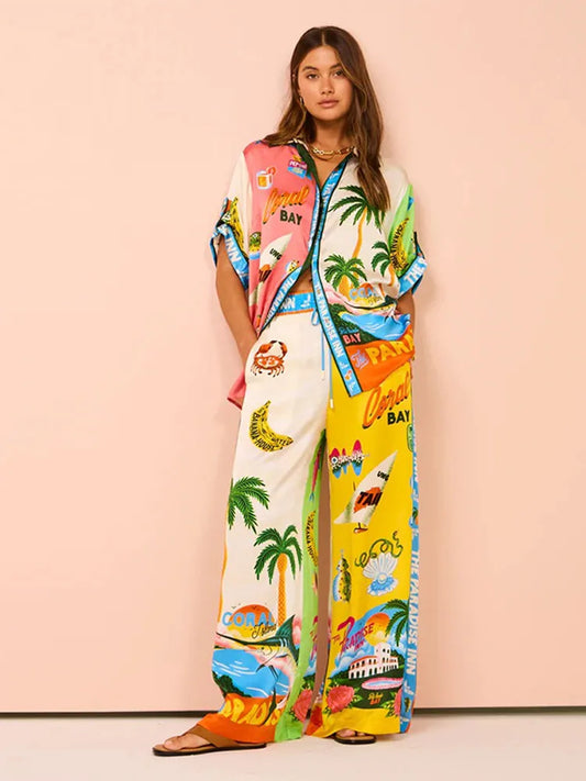 Ensemble Femme Chemise Pantalon Large Manches Courtes