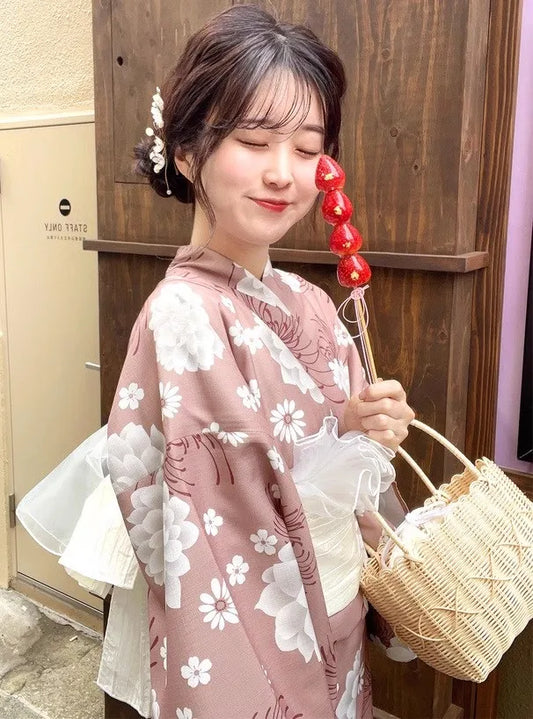 Yukata Deux Pièces Rose Pivoine | Kimono Japonais d'Été avec Robe Coordonnée