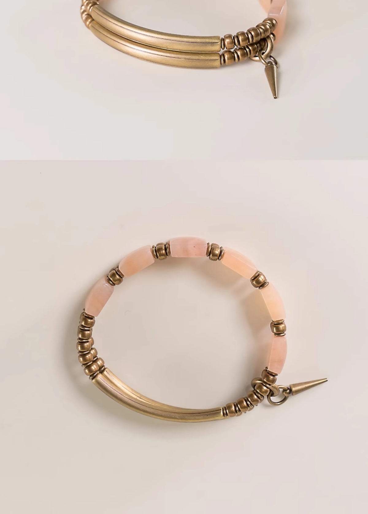 Bracelet Double Rang Quartz Rose Carré et Laiton Vintage – Cadeau pour Femme