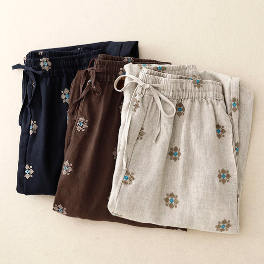 "Hanami" Pantalon femme en coton et lin imprimé | Taille haute, cordon ajustable, style décontracté été