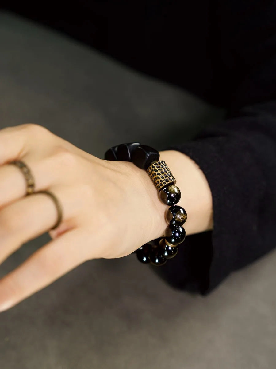 Bracelet Vintage Ébène et Obsidienne Dorée avec Accents de Laiton – Fait Main Unisexe