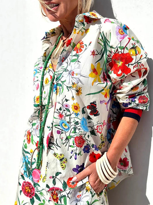 "Jardin Vibrant" Ensemble Fluide Floral – Chemise Boutonnée et Pantalon Large