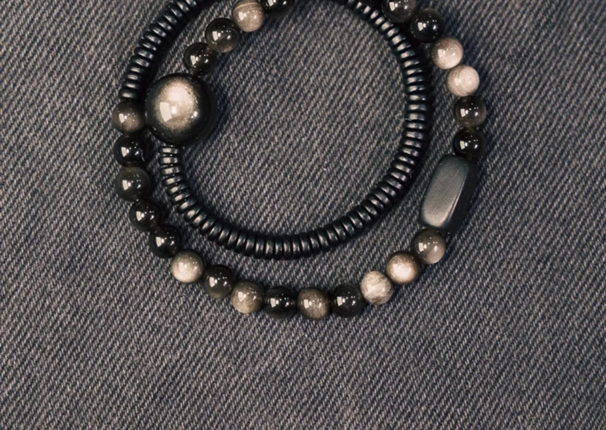 Bracelet Deux Rangs Pierres d'Obsidienne et Perles d'Ébène – Simple, Duo de Couple