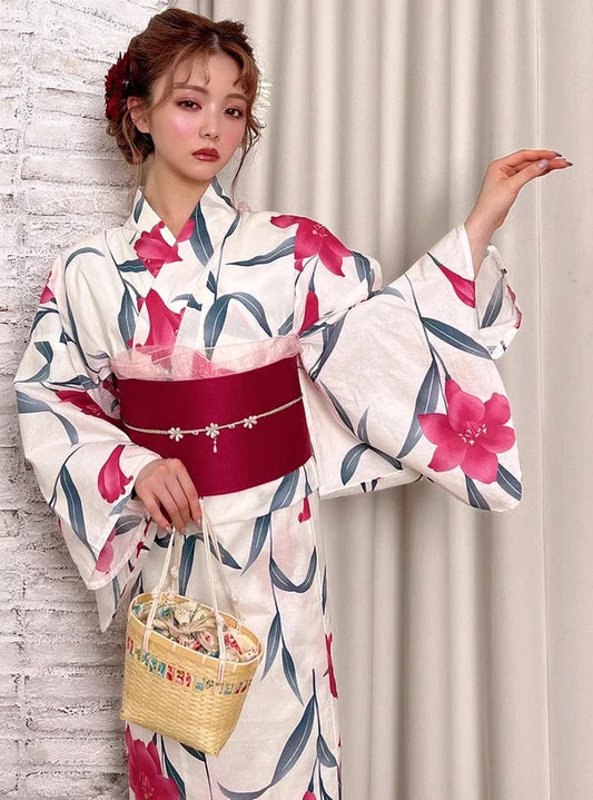 Yukata Deux Pièces Floral Rose et Vert | Kimono Japonais d'Été Coloré et Frais