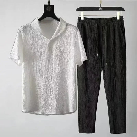 Ensemble Homme T-shirt Manches Mi-Longues et Pantalon en Lin et Coton
