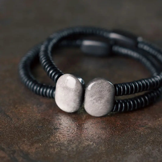 Bracelet Double Rang Obsidienne Noire et Bois d'Ébène – Tout Noir, Homme et Femme