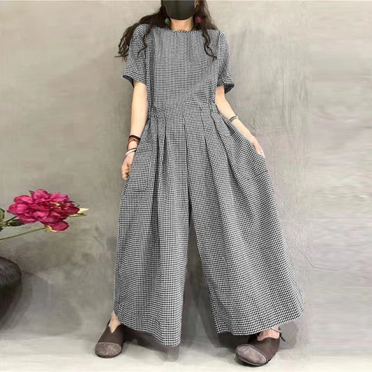 "Onsen Cocoon" Women's Plaid Short Sleeve High Waist Jumpsuit
