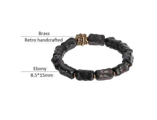 Bracelet Ébène Sculptée Rétro et Breloque Vajra en Laiton – Bois Noir Véritable
