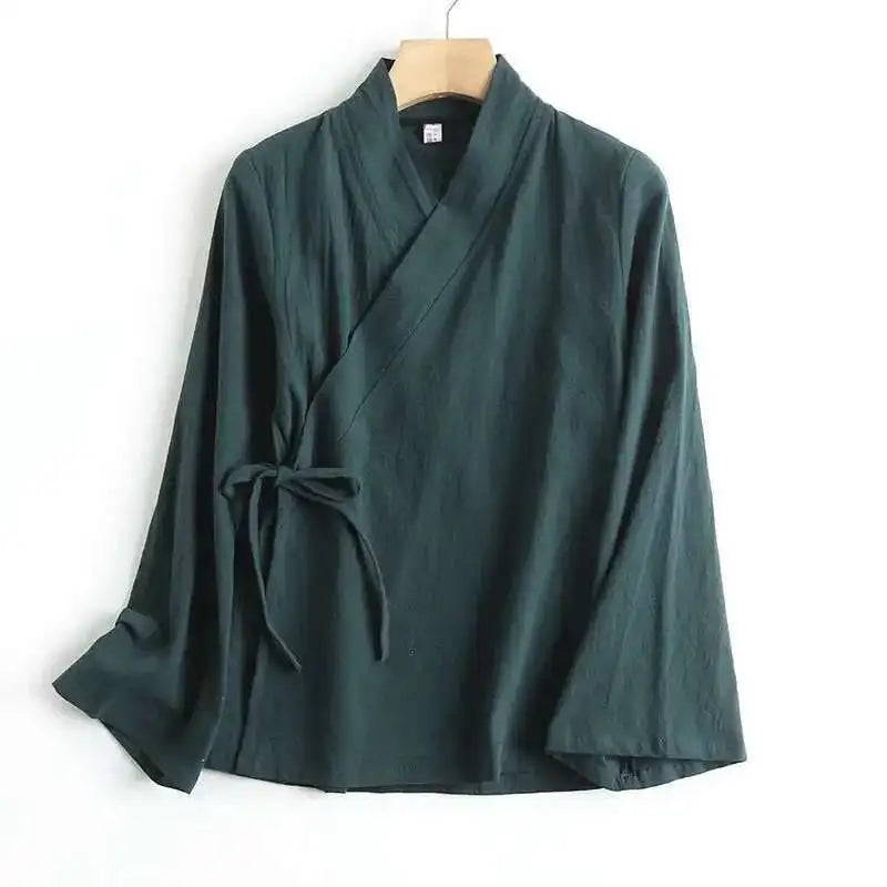 "Yuki" Chemise femme en lin style Hanfu | Blouse croisée à manches longues, inspiration vintage