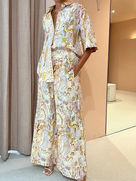 "Éclat Cosmique" Ensemble Estival Élégant – Chemise à Manches Courtes et Pantalon Large